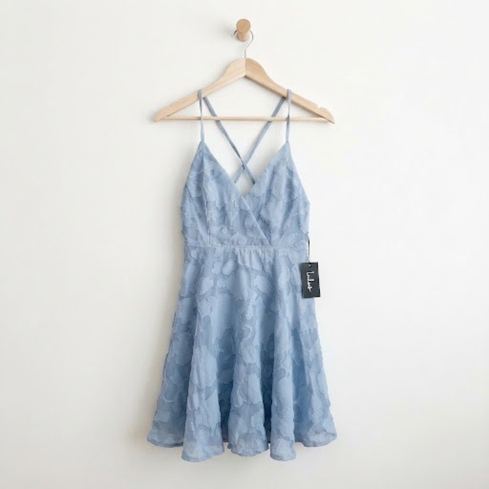 Coquette Core Lulus Dusty Blue Floral Burnout Chiffon Skater Dress Small NWT